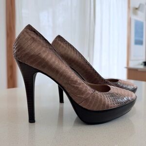 Taupe Snake-Embossed Platform Pumps